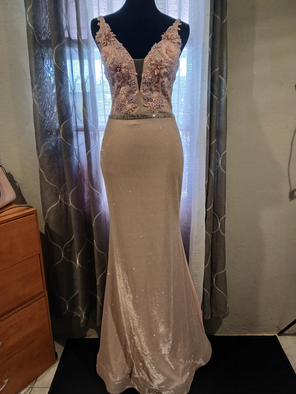 Embellished Blush Maxi Dress with Floral Appliqué Small Size